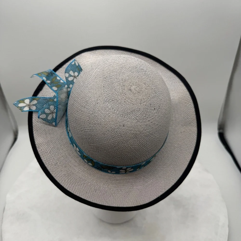 Little Girls Chic Gray and Blue Hat with Polka Dot Ribbon 2-3T